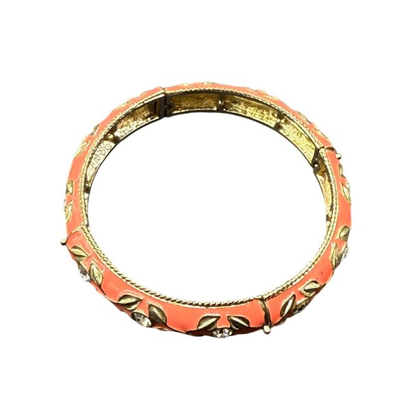 Vintage Gold-Tone Hinged Stretch Bangle Bracelet Coral Enamel Leaf Detailing & R - Picture 3 of 4